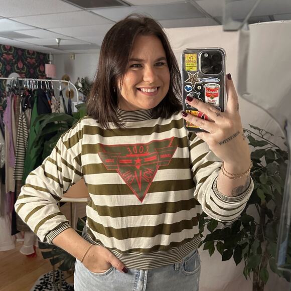 Vintage Code Nouveau Mock Neck Stripe Long Sleeve Crop Top Size Small - Picture 1 of 6